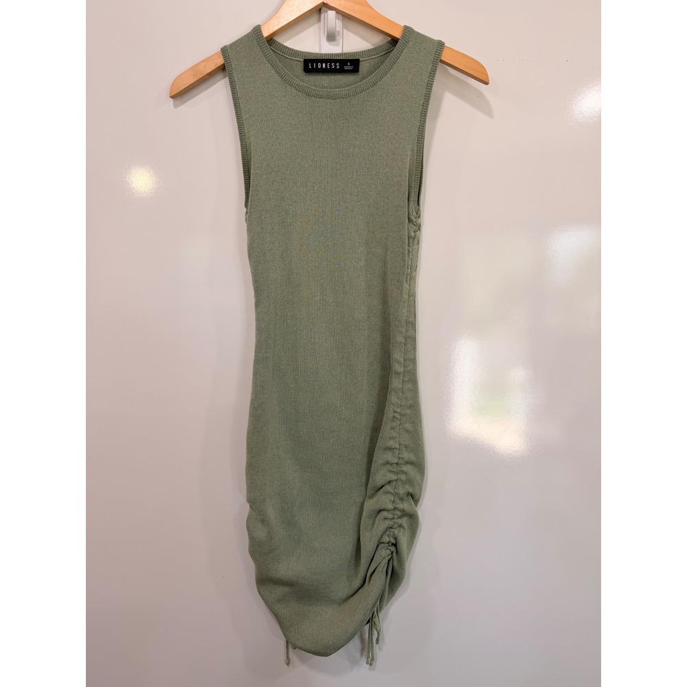 Lioness Sage Green Ribbed Knit Ruched Side Mini Dress Small Sleeveless Bodycon